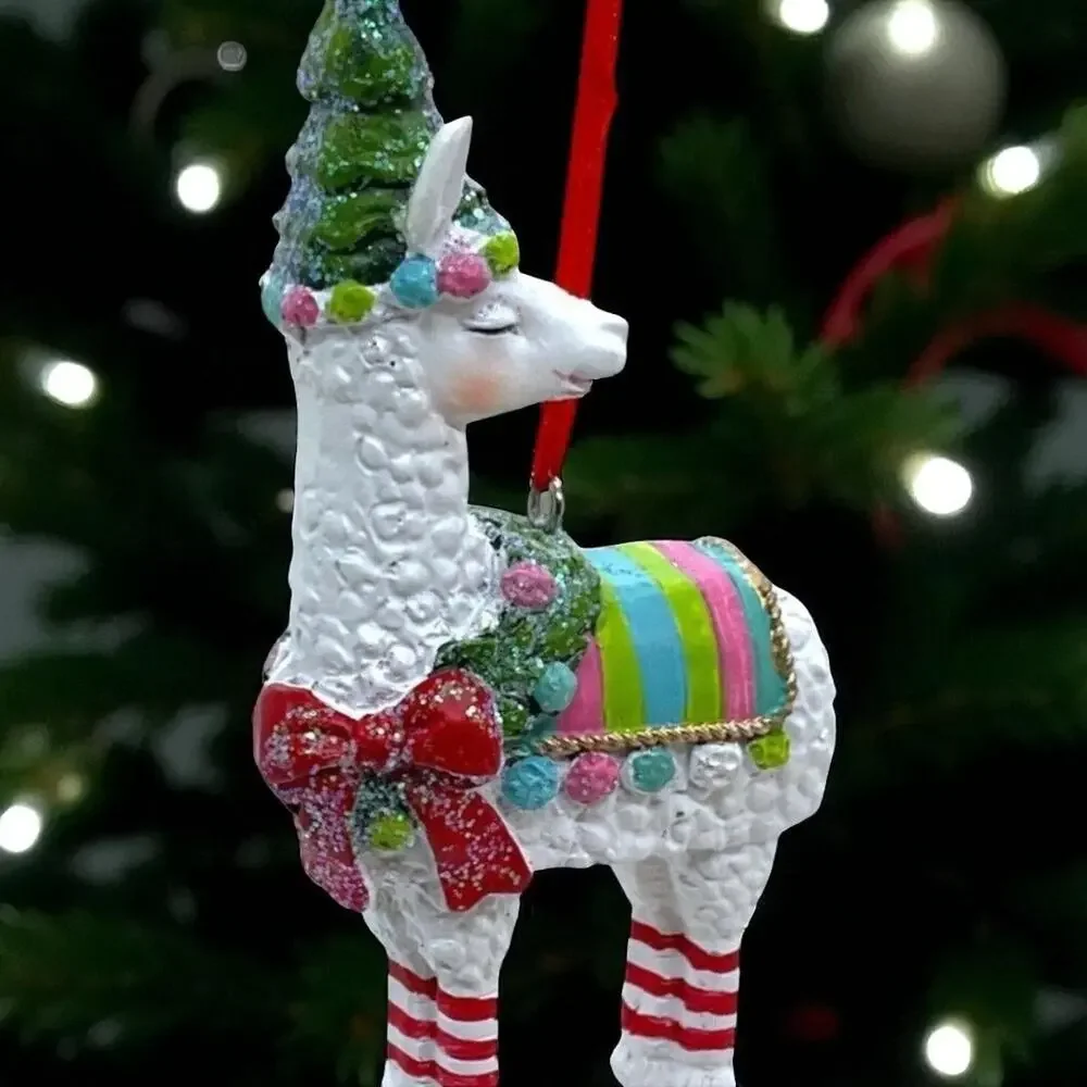 White‎ Llama Ornament -Colorful Blanket Christmas Tree Hat Rosy Cheeks